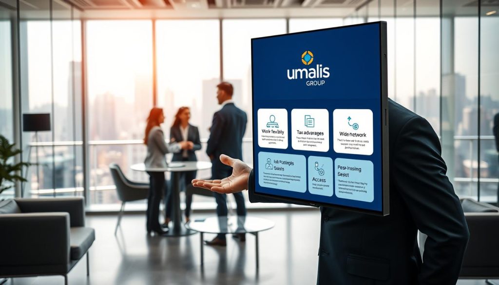 A modern, sleek office setting with glass walls and minimalist furniture. In the foreground, a professional-looking person in a suit gestures towards a display showcasing the "Umalis Group" brand and various benefits of salaried portage, such as work flexibility, tax advantages, and access to a wide network. The middle ground features other employees collaborating in an open, airy space. The background depicts a vibrant city skyline, hinting at the cosmopolitan and progressive nature of the salaried portage industry. The lighting is soft and natural, creating a warm, inviting atmosphere. The overall composition conveys a sense of professionalism, innovation, and the advantages of salaried portage for both individuals and businesses.