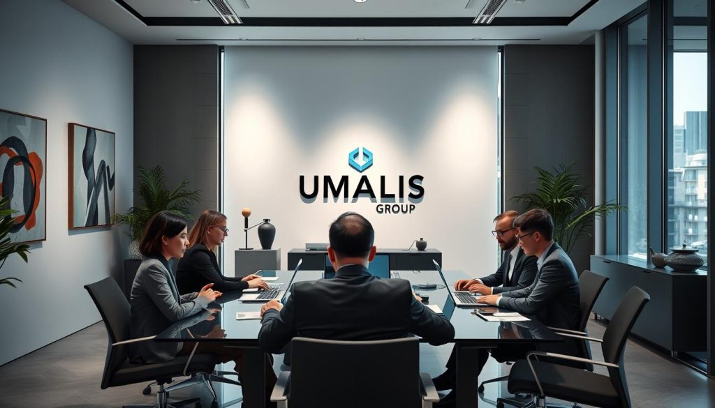 A modern, sleek office setting with professionals engaged in intellectual and commercial activities. In the foreground, a team of individuals dressed in business attire collaborating at a glass-topped conference table, laptops and documents in hand. In the middle ground, a UMALIS GROUP logo prominently displayed on the wall, surrounded by abstract artworks and minimalist decor. The background features floor-to-ceiling windows, allowing natural light to flood the space and create a sense of openness and productivity. The overall atmosphere conveys a dynamic, technology-driven work environment catering to the needs of the "portage salarial" sector.