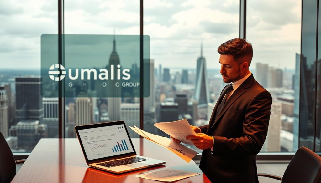 A modern, sleek office setting with the Umalis Group logo prominently displayed. In the foreground, a businessman in a sharp suit examines financial documents, contemplating tax optimization strategies. The middle ground features a laptop displaying graphs and charts, hinting at the fiscal advantages of the "portage salarial" employment model. The background showcases an expansive city skyline, suggesting the scale and sophistication of the financial landscape. Warm, directional lighting casts a professional, authoritative atmosphere, while the composition emphasizes the importance of strategic fiscal planning for independent professionals.