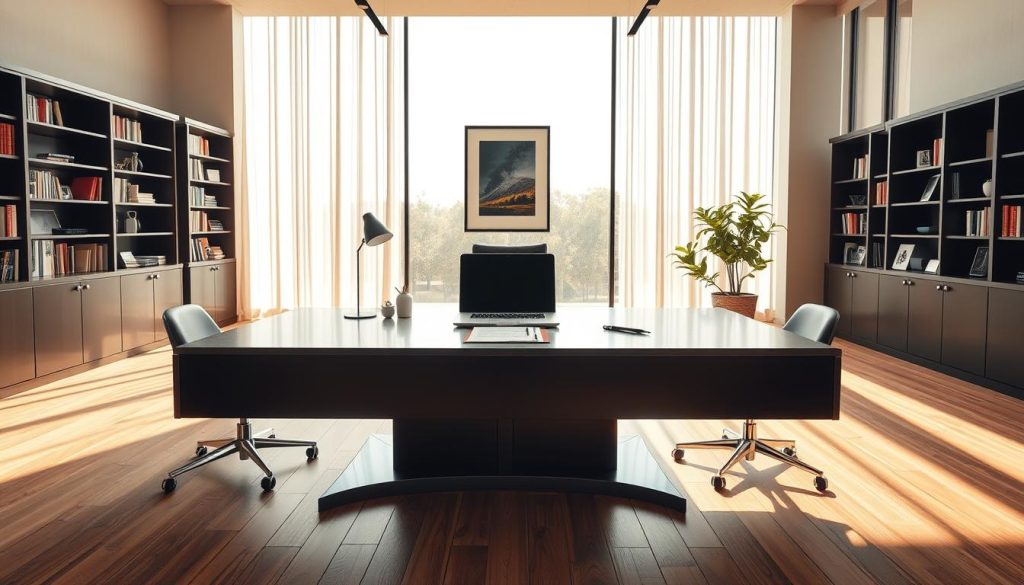 A modern, sleek office space with a large, stylish desk at the center. The desk is adorned with a laptop, a contract, and a pen, signifying the freelance work being done. The room is bathed in warm, natural lighting that filters in through floor-to-ceiling windows, creating a relaxed, productive atmosphere. In the background, bookshelves and framed artwork add depth and personality to the space. The overall scene conveys the advantages of the freelance lifestyle in a professional, salarial portage setting.