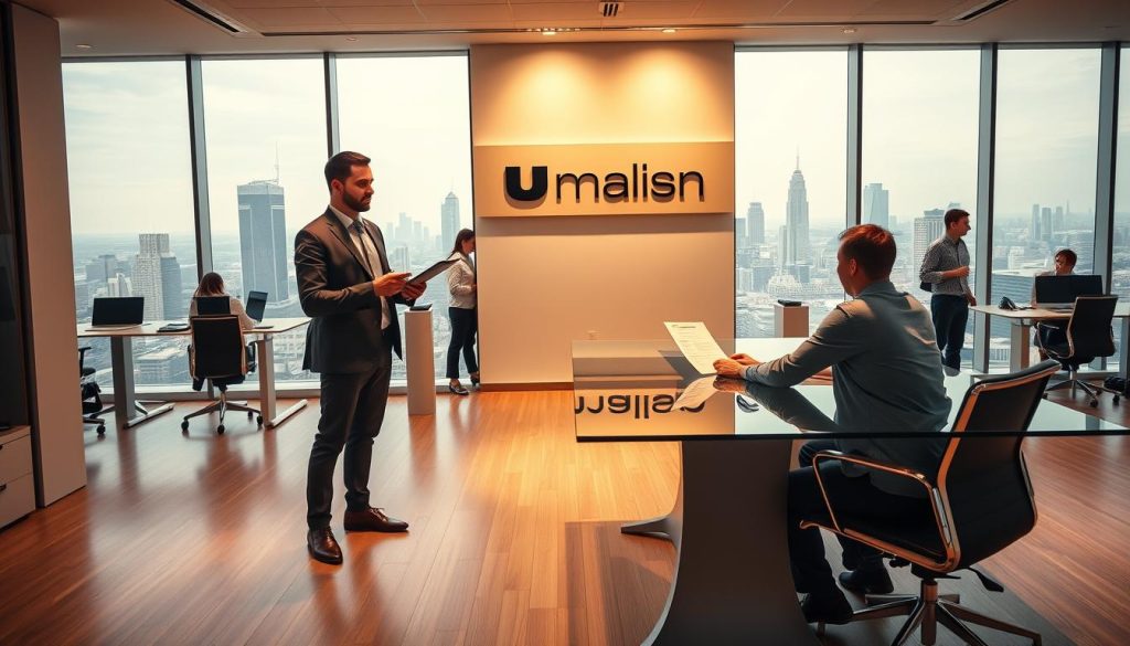 A modern, sleek office space with a professional, well-lit atmosphere. In the foreground, a mid-career professional stands in a smart casual outfit, presenting documents to a client sitting across a minimalist glass-topped desk. The middle ground features a team of office workers collaborating at standing desks, the Umalis Group logo prominently displayed on the wall behind them. The background showcases a panoramic city skyline through large windows, creating a sense of dynamic urban energy. Warm, directional lighting casts subtle shadows, emphasizing the clean lines and elegant decor. The overall scene conveys a sense of productivity, collaboration, and the "portage salarial" concept of flexible, independent employment.