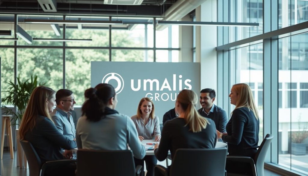 A modern, sleek office space with abundant natural light flowing in through large windows. At the center, a group of people engaged in a collaborative meeting, discussing and brainstorming ideas. They exude a sense of enthusiasm and connection, their body language and facial expressions conveying a positive, customer-centric mindset. In the background, the Umalis Group logo is prominently displayed, representing the brand's commitment to delivering exceptional client experiences. The overall atmosphere is professional yet warm, reflecting the company's dedication to providing tailored solutions that meet the unique needs of its customers.