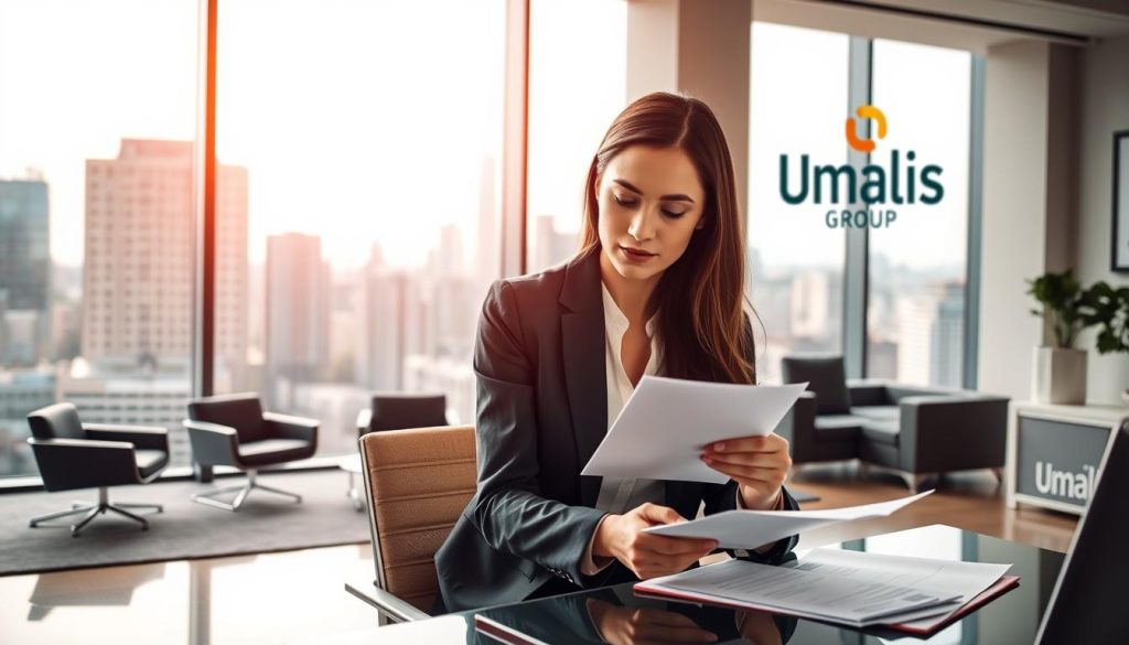 A modern, sleek office space with floor-to-ceiling windows overlooking a bustling city skyline. In the foreground, a professional woman in business attire sits at a desk, reviewing documents and considering options. The Umalis Group logo is prominently displayed on a wall, conveying a sense of authority and trust. Warm, directional lighting emphasizes the woman's contemplative expression, while the background features a mixture of contemporary furnishings and subtle nods to the portage salarial industry. An atmosphere of thoughtful decision-making and strategic planning pervades the scene. A modern, sleek office space with floor-to-ceiling windows overlooking a bustling city skyline. In the foreground, a professional woman in business attire sits at a desk, reviewing documents and considering options. The Umalis Group logo is prominently displayed on a wall, conveying a sense of authority and trust. Warm, directional lighting emphasizes the woman's contemplative expression, while the background features a mixture of contemporary furnishings and subtle nods to the portage salarial industry. An atmosphere of thoughtful decision-making and strategic planning pervades the scene.