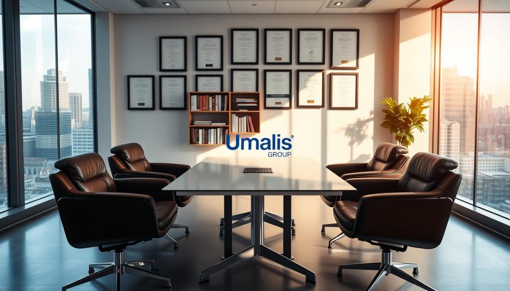 A modern, sleek office space with large windows overlooking a bustling cityscape. In the center, a stylish conference table surrounded by comfortable leather chairs, the Umalis Group logo prominently displayed. On the wall, framed certificates and accolades highlighting the company's expertise in professional employment solutions. Soft, warm lighting illuminates the scene, creating a welcoming and sophisticated atmosphere. In the background, a bookshelf filled with business journals and industry publications. The overall impression conveys a sense of trust, reliability, and a commitment to helping professionals navigate the world of "choix société portage salarial".