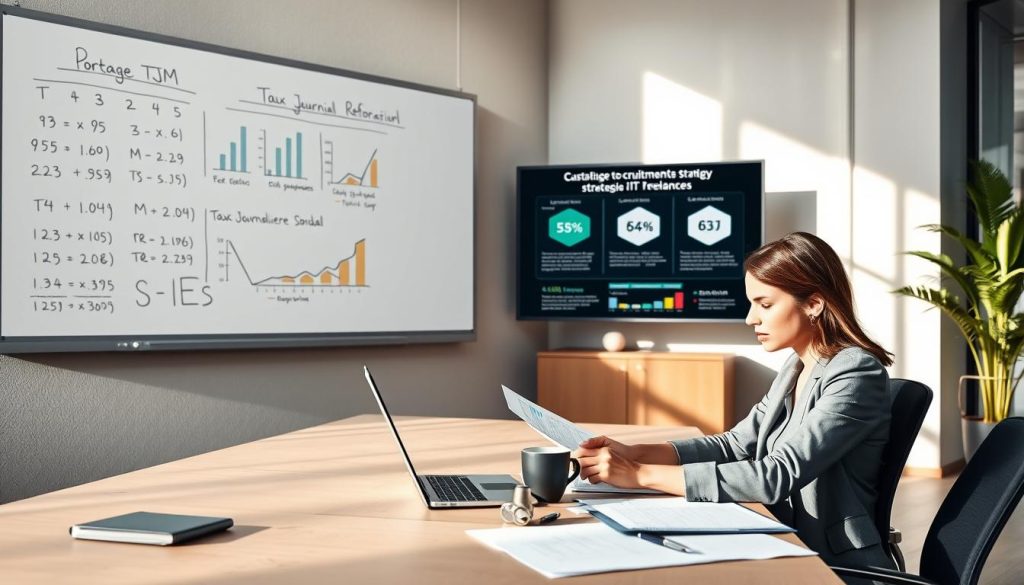 A modern, sleek office workspace with a focus on digital productivity, featuring a whiteboard filled with graphs and calculations about TJM (Taux Journalier Moyen) in the context of portage salarial. In the foreground, a professional woman in business attire is analyzing financial data on her laptop, surrounded by papers and a coffee cup. The middle ground showcases a large screen displaying infographics on recruitment and optimization strategies for IT freelancers, while subtle hints of greenery filter through from the background. Soft, natural light illuminates the space, casting gentle shadows for a warm ambiance. The atmosphere is one of focus and innovation, representing Umalis Group’s expertise in the field. A modern, sleek office workspace with a focus on digital productivity, featuring a whiteboard filled with graphs and calculations about TJM (Taux Journalier Moyen) in the context of portage salarial. In the foreground, a professional woman in business attire is analyzing financial data on her laptop, surrounded by papers and a coffee cup. The middle ground showcases a large screen displaying infographics on recruitment and optimization strategies for IT freelancers, while subtle hints of greenery filter through from the background. Soft, natural light illuminates the space, casting gentle shadows for a warm ambiance. The atmosphere is one of focus and innovation, representing Umalis Group’s expertise in the field.