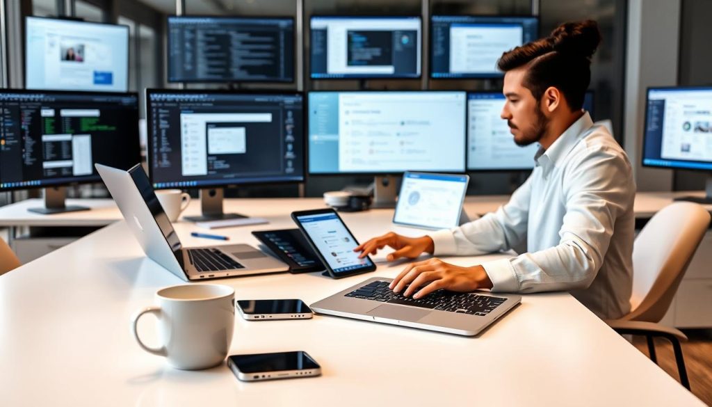 A modern, sleek office workspace with a large desk featuring a LIGHT PORTAGE brand laptop, smartphone, and a mug of coffee. In the foreground, a professional-looking person is using the laptop, while in the middle ground, a chatbot window is displayed on a tablet device. The background showcases various productivity and customer relationship management (CRM) software windows open on multiple monitors, creating an atmosphere of efficient, tech-savvy client retention strategies.