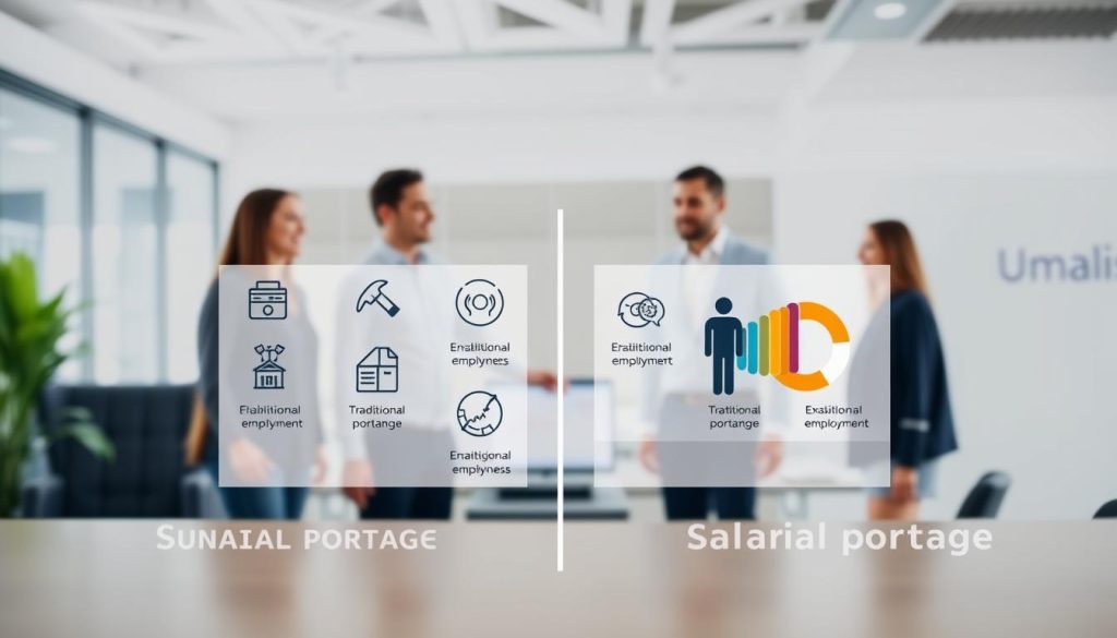 A modern, sleek visual comparison of employment statuses, highlighting the Umalis Group's salarial portage offering. In the foreground, a clean minimalist layout displays side-by-side icons and infographic-style data visualizations contrasting salarial portage with traditional employment. The middle ground showcases professional individuals in a dynamic, well-lit office setting, emphasizing the flexibility and autonomy of salarial portage. The background provides a subtle blur of the Umalis Group's corporate branding, reinforcing the authority and credibility of the information presented. The overall mood is informative, authoritative, and visually engaging, tailored to effectively communicate the key differences between salarial portage and other employment models.