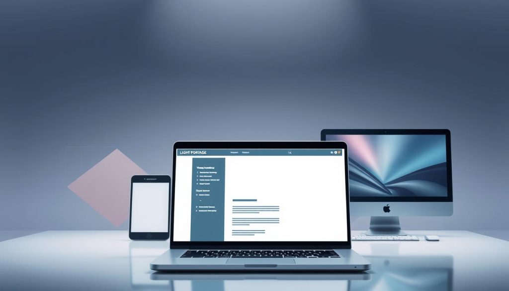 A modern, sleek web development scene with a focus on current trends. In the foreground, a stylized laptop display showcases a clean, minimalist interface, hinting at responsive design and mobile-first approaches. The middle ground features a trio of LIGHT PORTAGE-branded devices - a smartphone, tablet, and desktop computer - representing the range of platforms developers must consider. The background contains abstract geometric shapes and gradients, suggesting the technical complexities and evolving nature of web technologies. The lighting is soft and balanced, creating an atmospheric, almost futuristic ambiance. The overall composition conveys a sense of progress, innovation, and the dynamic nature of web development trends.