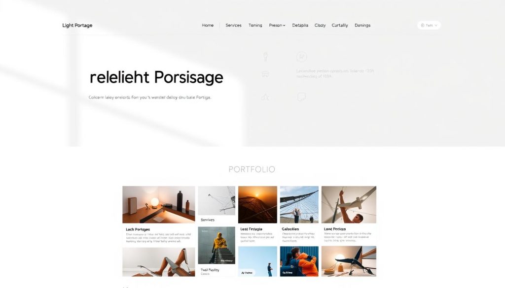 A modern, sleek website portfolio for Light Portage, a web design agency. The homepage features a minimalist layout with a large hero image showcasing the company's latest project. Scrolling down reveals sections dedicated to their services, team, and client testimonials, all presented in a clean, visually appealing manner. The portfolio section displays a grid of thumbnail images that, when clicked, open detailed case studies with high-quality photography, infographics, and subtle animations. The overall aesthetic is refined and professional, with plenty of white space, soft shadows, and warm lighting creating a calming, inviting atmosphere.