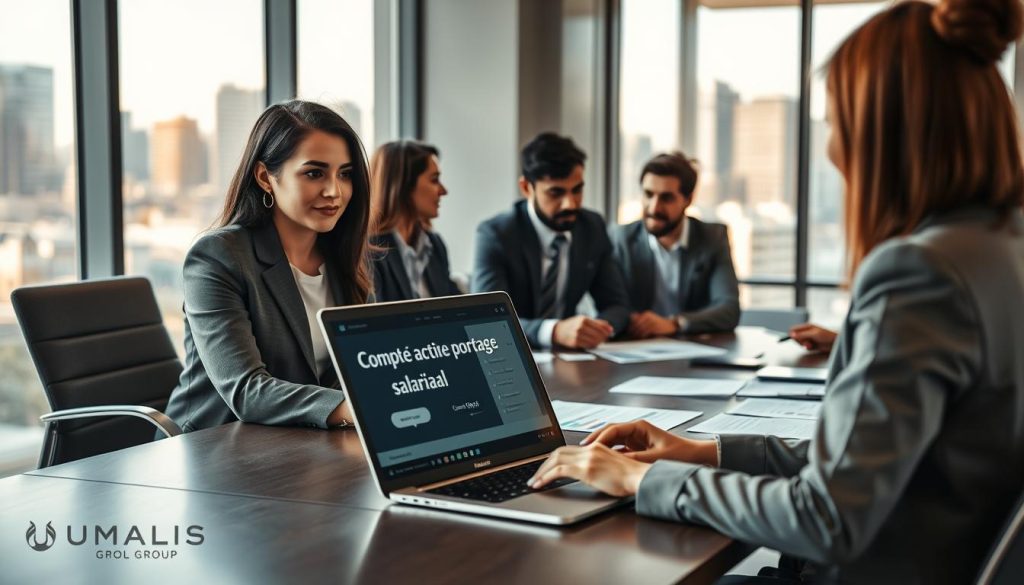 A modern, sleek workspace featuring a diverse group of professionals engaged in a meeting around a conference table. In the foreground, a focused woman in a professional outfit types on a laptop, displaying a graphic interface for "compte activité portage salarial". In the middle, colleagues—two men and one woman—are discussing strategies with notes and reports spread out on the table. The background shows a large window with a city skyline view, allowing natural light to flood the space. The mood is collaborative and efficient, emphasizing transparency and teamwork. Enhance the scene with warm lighting to create an inviting atmosphere. Integrate subtle branding elements of "UMALIS GROUP" through office decor.