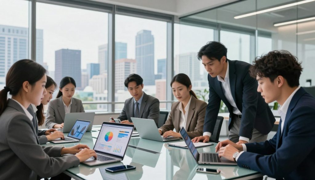 A modern, sleek workspace filled with advanced technology, showcasing an assortment of digital devices, including laptops, tablets, and smartphones. In the foreground, a diverse group of professionals dressed in smart business attire collaborates at a glass table, discussing charts on a laptop. The middle-ground features large windows allowing natural light to flood in, reflecting off the polished surfaces and creating a bright, inviting atmosphere. The background shows a vibrant city skyline through those windows, symbolizing connectivity and innovation. The overall mood is dynamic and focused, conveying an environment ripe for discussion and idea-sharing in the tech and freelance sector. Use high-contrast lighting to emphasize the tech elements while keeping the professionals engaged in their work.