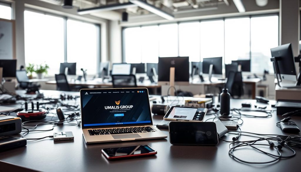 A modern, sleek workspace filled with the latest tech gadgets and devices. In the foreground, a laptop displays the Umalis Group website, its logo prominent. Nearby, a smartphone and tablet showcase cutting-edge apps and software. The middle ground features an array of wires, cables, and charging stations, creating a sense of interconnectivity. In the background, large windows allow natural light to pour in, illuminating a workspace that is both productive and visually appealing. The overall atmosphere conveys a sense of efficiency, adaptation, and a commitment to staying ahead of the technological curve.