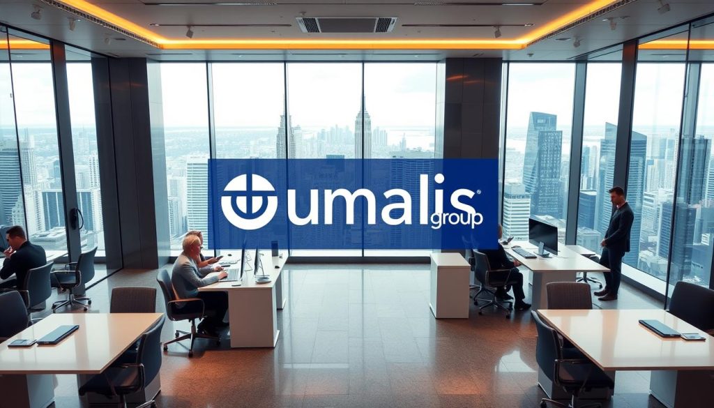 A modern, sophisticated financial services hub featuring the Umalis Group brand logo prominently displayed. The scene depicts a dynamic international workplace, with well-dressed professionals collaborating at sleek desks and conference tables. Warm lighting and clean, minimalist design create an atmosphere of efficiency and global connectivity. In the background, a panoramic window overlooks a bustling cityscape, underscoring the international nature of the "portage salarial" concept. The overall impression is one of streamlined professionalism and secure, tailored financial solutions for a mobile, globalized workforce.