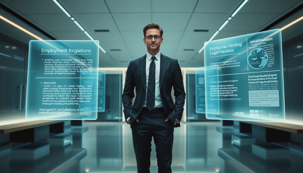A modern, sophisticated legal framework for professional employment services, showcasing the Umalis Group's expertise. A well-dressed businessperson stands confidently in a sleek, minimalist office, surrounded by floating holographic panels displaying legal statutes and employment regulations. Soft, directional lighting creates a sense of authority and credibility. The overall atmosphere conveys the company's commitment to compliance, innovation, and empowering independent professionals.
