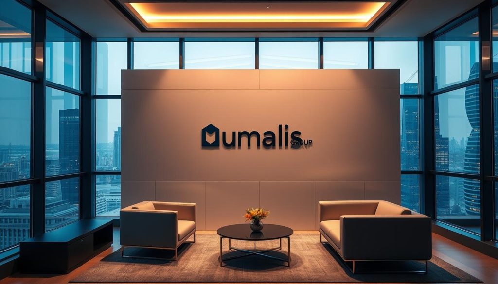 A modern, sophisticated office interior with sleek, minimalist furniture and a large window overlooking a bustling city skyline. The Umalis Group logo is prominently displayed on a minimalist wall panel. Warm, diffused lighting from above illuminates the space, creating a sense of professionalism and reliability. The room exudes an atmosphere of trustworthiness and expertise, reflecting the brand's reputation as a reliable provider of professional portage salarial services. A modern, sophisticated office interior with sleek, minimalist furniture and a large window overlooking a bustling city skyline. The Umalis Group logo is prominently displayed on a minimalist wall panel. Warm, diffused lighting from above illuminates the space, creating a sense of professionalism and reliability. The room exudes an atmosphere of trustworthiness and expertise, reflecting the brand's reputation as a reliable provider of professional portage salarial services.