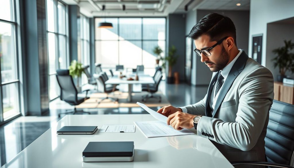 A modern, sophisticated office setting showcasing the Umalis Group brand. In the foreground, a well-dressed professional examines paperwork on a sleek, minimalist desk, contemplating the choice of a reliable payroll services provider. The middle ground features a clean, open-concept workspace with ergonomic chairs and tasteful decor, conveying a sense of productivity and collaboration. In the background, large windows allow natural light to flood the room, creating a bright, airy atmosphere. The overall mood is one of professionalism, efficiency, and a commitment to employee well-being - factors essential when selecting a trusted portage salarial company.