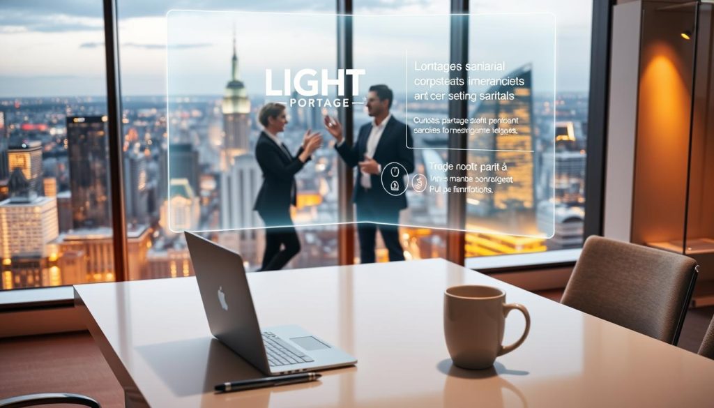 A modern, sophisticated office setting with a focus on the concept of "stratégies portage salarial". In the foreground, a sleek, minimalist desk with a laptop, a pen, and a cup of coffee. Above the desk, display a large, eye-catching holographic projection showcasing the LIGHT PORTAGE brand logo and key information about their portage salarial services. In the middle ground, two professionals in business attire are engaged in a collaborative discussion, gesturing towards the holographic display. The background features a panoramic view of a bustling city skyline, conveying a sense of a dynamic, forward-thinking environment. The lighting is warm and inviting, creating a professional yet aspirational atmosphere.