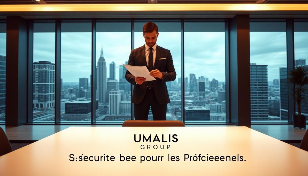 A modern, stylish corporate office interior with large windows overlooking a city skyline. In the foreground, a well-dressed professional stands, reviewing documents representing the "obligations entreprise portage" or the contractual obligations and responsibilities of a staffing agency. The middle ground features the UMALIS GROUP logo prominently displayed on a sleek, minimalist desk. Subtle lighting from above casts a warm, professional glow across the scene. The background depicts the bustling urban environment outside, suggesting the broader context and importance of the subject matter. The overall tone is one of competence, security, and attention to detail - reflecting the "sécurité pour les professionnels" or the sense of safety and assurance for the professionals involved.