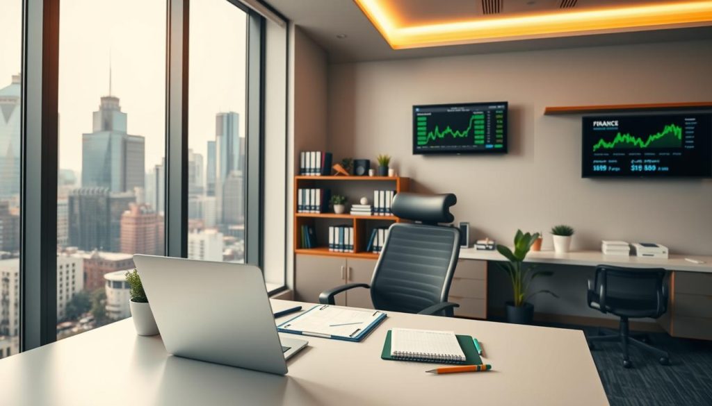 A modern, stylish office interior with a large window overlooking a bustling city skyline. In the foreground, a neatly organized desk with a laptop, planner, and stationery items. A ergonomic office chair and a potted plant add a touch of greenery. The middle ground features a bookshelf with finance-related books and a wall-mounted monitor displaying financial data. The background showcases the cityscape outside, with skyscrapers and a vibrant urban atmosphere. Warm, indirect lighting creates a professional and productive ambiance. The overall scene conveys a sense of organization, efficiency, and the financial management challenges faced by independent professionals.