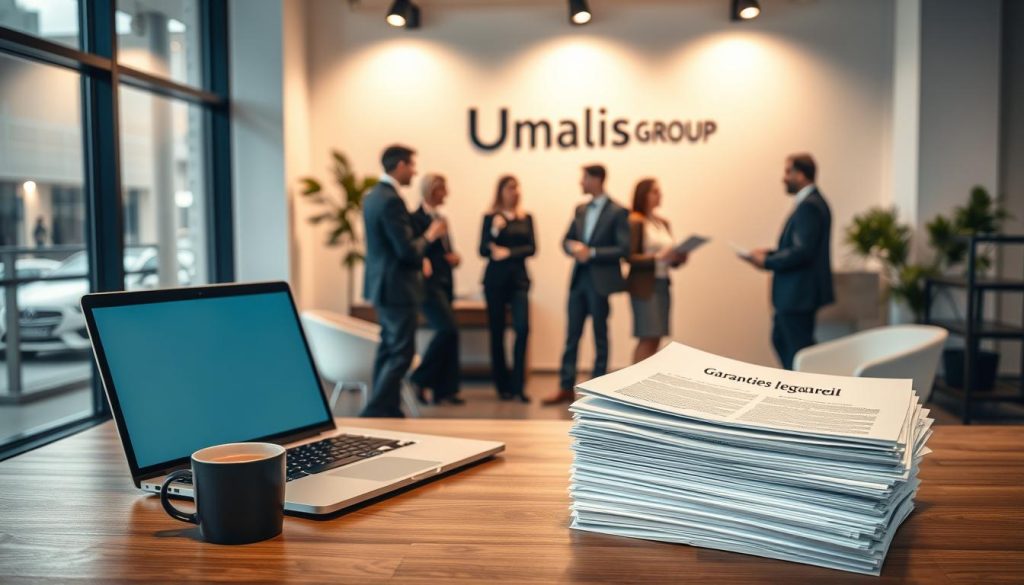 A modern, stylish office interior with large windows and minimalist furniture. In the foreground, a desk with a laptop, a cup of coffee, and a stack of papers labeled "Garanties légales travail". In the middle ground, a group of employees in business attire discussing documents, representing the legal obligations of the employer. In the background, the Umalis Group logo is prominently displayed on the wall, conveying the professional and authoritative nature of the subject matter. The lighting is warm and natural, creating a calm and productive atmosphere.