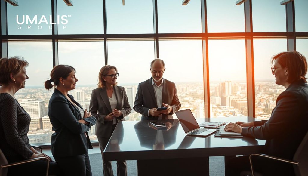 A modern, stylish office setting with a focus on the "UMALIS GROUP" brand and the concept of senior-friendly employment. In the foreground, a group of mature professionals engaged in a collaborative discussion, their expressions conveying a sense of stability and security. The middle ground features a large, sleek desk with a laptop and documents, symbolizing the administrative aspects of the "portage salarial" system. The background showcases a panoramic view of a bustling city skyline, hinting at the broader professional opportunities available through this employment model. Warm, natural lighting filters through large windows, creating a welcoming and productive atmosphere. The overall scene conveys the key aspects of the "fonctionnement portage salarial seniors" concept, supporting the article's focus on stability and security for senior professionals.