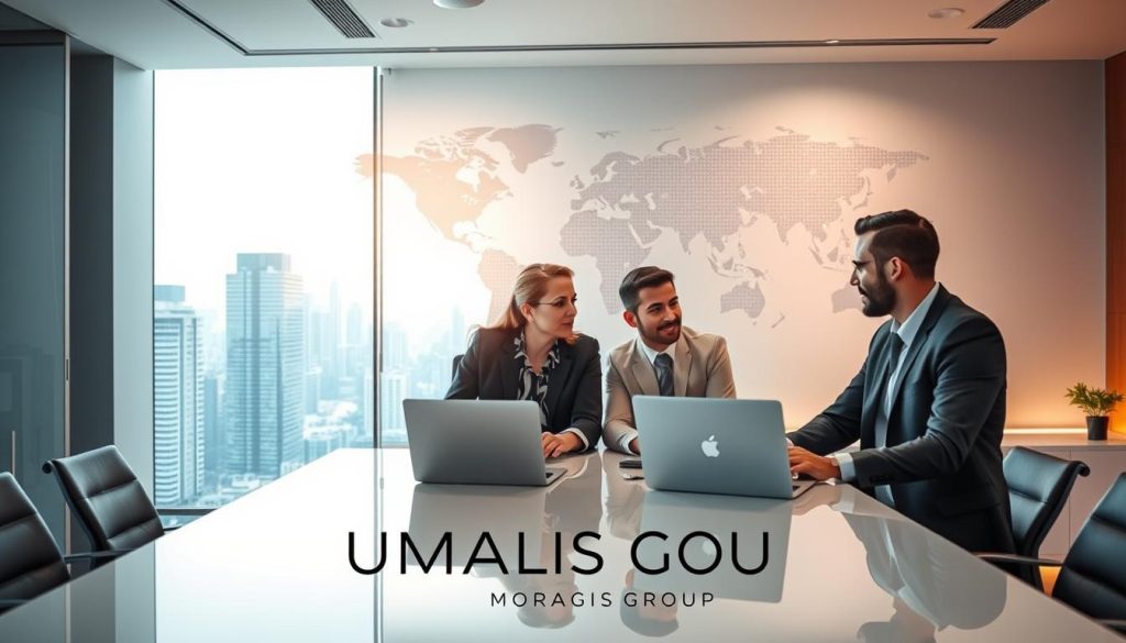 A modern, stylish office space representing "international portage salarial," featuring two professionals in business attire. In the foreground, a diverse group of three individuals—one woman and two men—discussing around a sleek conference table, laptops open, illustrating collaboration. In the middle ground, a large window views a bustling city skyline, reflecting a vibrant international business atmosphere. The background showcases a digital world map on the wall, symbolizing global connections and remote work. Soft, natural lighting streams through the window, casting a warm glow, creating a focused yet approachable mood. The scene includes the brand name "UMALIS GROUP" subtly integrated into the office decor, ensuring a professional ambiance throughout.