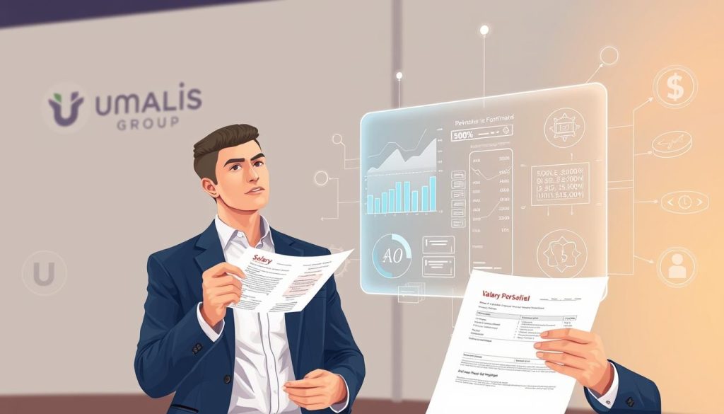 A modern, stylized illustration showcasing the concept of "optimisation rémunération portage salarial". In the foreground, a well-dressed professional holds a document detailing their salary and benefits, with a thoughtful expression. In the middle ground, a holographic interface displays graphs, charts, and financial data, indicating the optimization process. The background features the Umalis Group branding, projecting a sense of expertise and authority in the field of salary portage. The overall scene is bathed in a warm, soft light, conveying a sense of confidence and financial security.