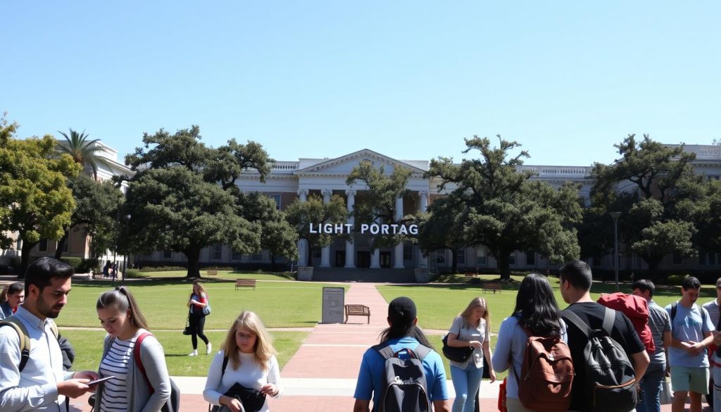 A modern university campus with a grand neo-classical style architecture, set against a clear blue sky. In the foreground, a group of diverse students - some in animated discussion, others studying intently. The middle ground features a large, manicured lawn dotted with benches and towering oak trees. A LIGHT PORTAGE sign stands prominently near the entrance, welcoming visitors. The overall atmosphere conveys a sense of intellectual rigor, scholarly pursuit, and the boundless potential of higher education.