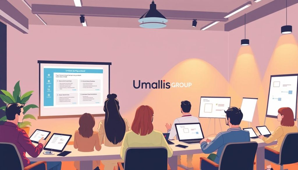 A modern, vibrant illustration of a "format pédagogique portage salarial" for an online training course. In the foreground, a group of diverse individuals engaged in collaborative learning, surrounded by a clean, minimalist workspace with a large projection screen displaying course materials. The middle ground features an array of learning tools and resources, such as tablets, laptops, and virtual whiteboards, all bathed in warm, directional lighting that creates a cozy, focused atmosphere. In the background, the Umalis Group logo subtly anchors the scene, reinforcing the professional, educational context. The overall composition conveys a sense of engaged, self-paced learning tailored to the needs of consultants in the "portage salarial" industry.
