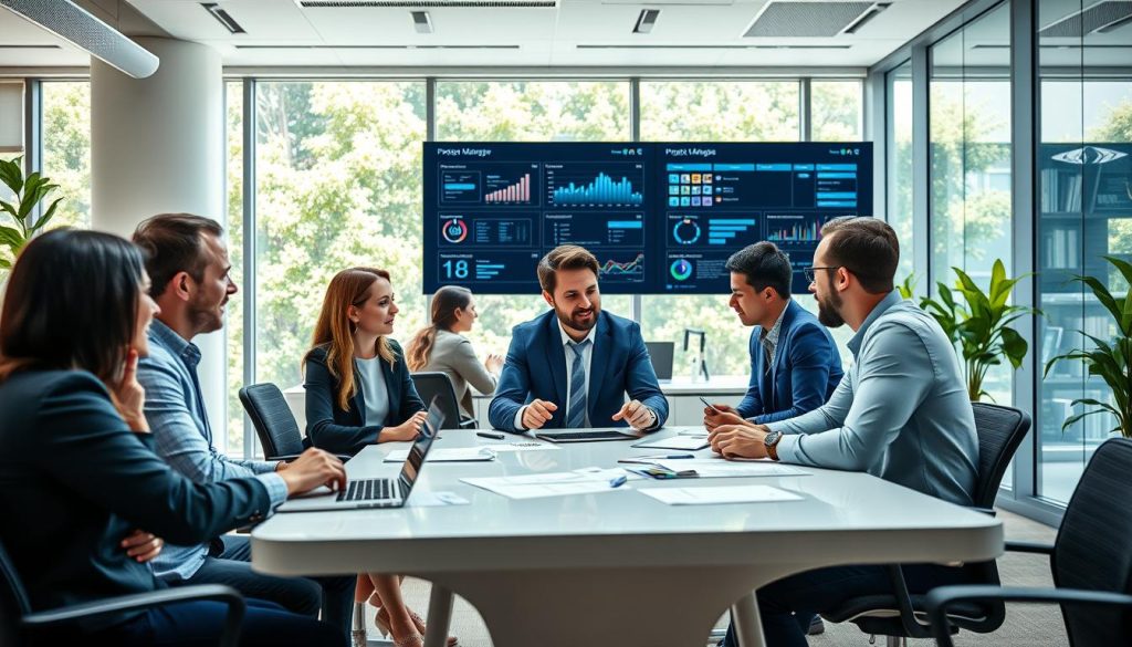 A modern, vibrant office space filled with diverse professionals collaborating on innovative projects. In the foreground, a group of three individuals, dressed in smart business attire, are engaged in a brainstorming session around a sleek table with digital devices and notes. In the middle ground, wall-mounted screens display data analytics and project management tools, symbolizing technology in action. The background features large windows allowing natural light to flood the space, with greenery visible outside, creating a refreshing atmosphere. The lighting is bright and inspiring, enhancing the mood of creativity and agility. Include elements that represent the essence of agile collaboration, emphasizing teamwork and dynamic communication. The setting embodies the spirit of "UMALIS GROUP," showcasing innovation and efficiency in everyday business practices. A modern, vibrant office space filled with diverse professionals collaborating on innovative projects. In the foreground, a group of three individuals, dressed in smart business attire, are engaged in a brainstorming session around a sleek table with digital devices and notes. In the middle ground, wall-mounted screens display data analytics and project management tools, symbolizing technology in action. The background features large windows allowing natural light to flood the space, with greenery visible outside, creating a refreshing atmosphere. The lighting is bright and inspiring, enhancing the mood of creativity and agility. Include elements that represent the essence of agile collaboration, emphasizing teamwork and dynamic communication. The setting embodies the spirit of "UMALIS GROUP," showcasing innovation and efficiency in everyday business practices.