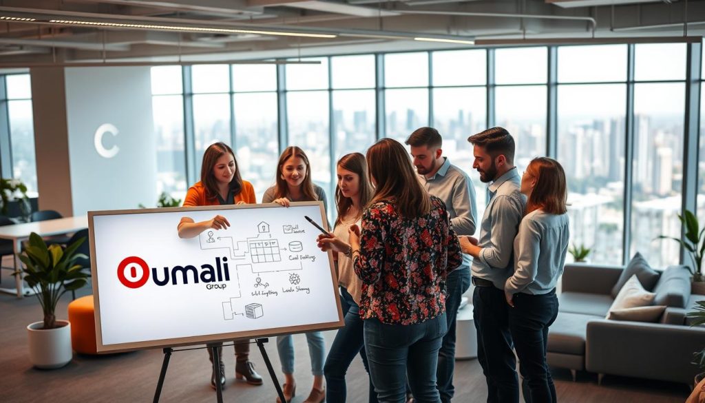 A modern, vibrant workspace filled with the Umalis Group's employees collaborating on innovative solutions. The scene features an open-concept office layout with sleek, minimalist furniture and large windows that flood the space with natural light. In the foreground, a diverse team of creative professionals huddles around a digital whiteboard, brainstorming ideas and sketching out prototypes. The middle ground showcases the Umalis Group's brand identity, with the company logo prominently displayed on the wall. In the background, a panoramic view of a bustling city skyline underscores the organization's commitment to progress and growth. The overall atmosphere conveys a dynamic, forward-thinking culture that encourages creativity, risk-taking, and continuous improvement.