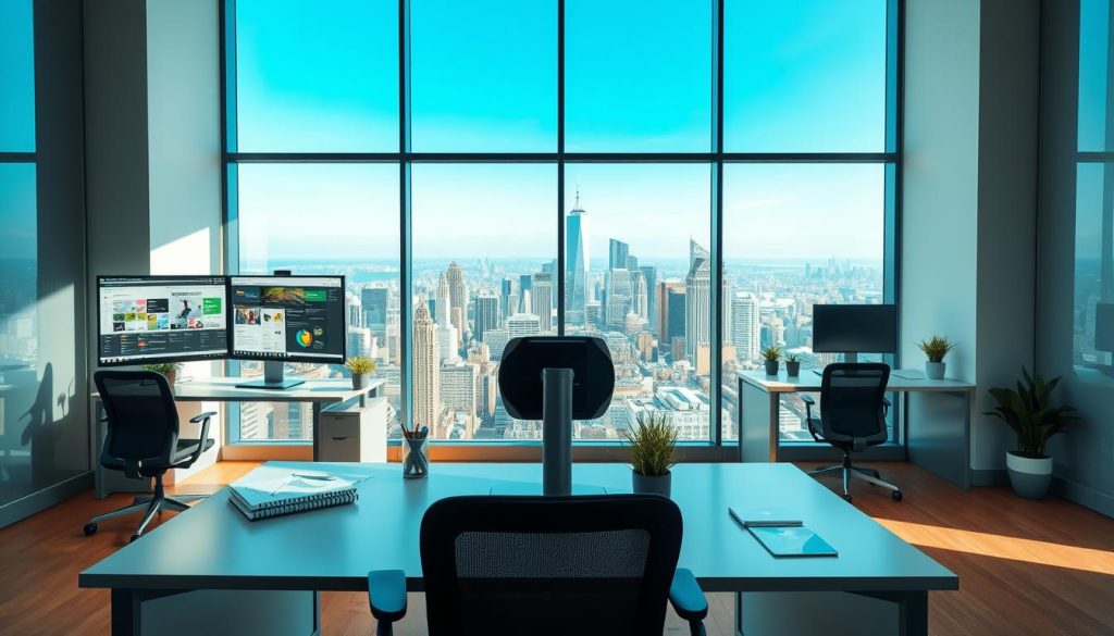 A modern virtual office environment showcasing its key features. In the foreground, a sleek desk equipped with dual monitors displaying collaborative software and productivity tools. A stylish ergonomic chair complements the setup. In the middle ground, a transparent glass partition divides two workspaces, each organized with plants and stationery, conveying a professional yet inviting atmosphere. The background features a panoramic window with a view of a vibrant cityscape, under a clear blue sky. Soft natural lighting floods the scene, creating an uplifting mood. The overall composition should feel dynamic and efficient, highlighting the advantages of a virtual workspace while maintaining a clean and professional aesthetic. No text or watermarks are present in the image. A modern virtual office environment showcasing its key features. In the foreground, a sleek desk equipped with dual monitors displaying collaborative software and productivity tools. A stylish ergonomic chair complements the setup. In the middle ground, a transparent glass partition divides two workspaces, each organized with plants and stationery, conveying a professional yet inviting atmosphere. The background features a panoramic window with a view of a vibrant cityscape, under a clear blue sky. Soft natural lighting floods the scene, creating an uplifting mood. The overall composition should feel dynamic and efficient, highlighting the advantages of a virtual workspace while maintaining a clean and professional aesthetic. No text or watermarks are present in the image.