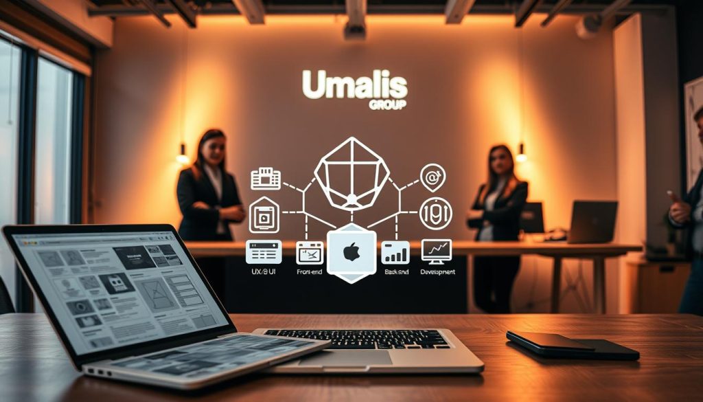 A modern web design studio with a professional team of specialists, showcasing their expertise. In the foreground, a sleek laptop displays intricate wireframes and design mockups. The middle ground features a stylized illustration of various web design disciplines - UX/UI, front-end, back-end, and full-stack development - represented by geometric shapes and icons. The background has a minimalist, high-contrast aesthetic with the Umalis Group logo prominently displayed, illuminated by warm, directional lighting that creates depth and atmosphere. The overall scene conveys a sense of innovation, collaboration, and the multifaceted nature of contemporary web design.