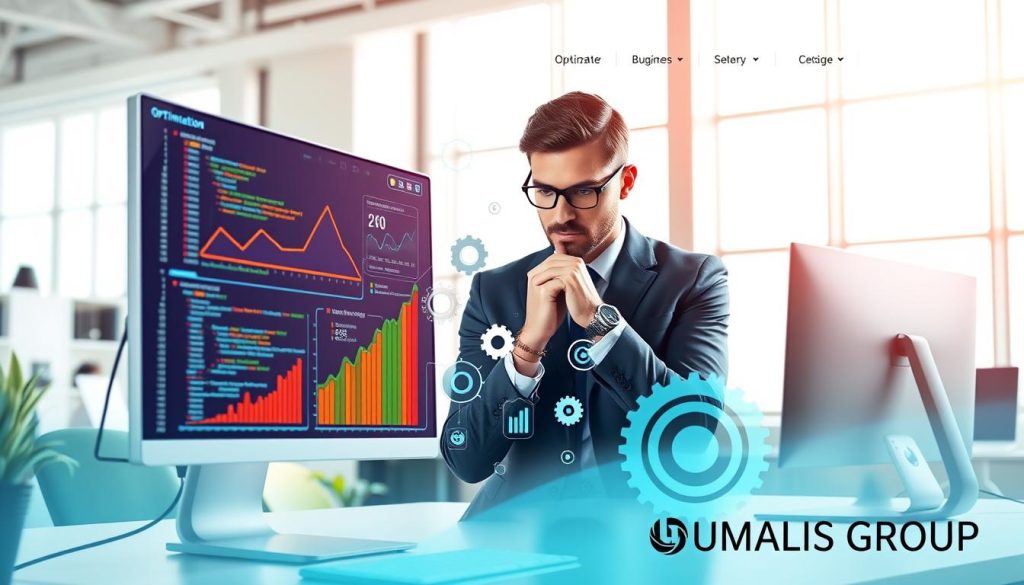 A modern website interface showcasing optimization techniques for SEO, featuring a sleek and user-friendly design. The foreground displays a computer screen with vibrant graphs, code snippets, and visuals representing website performance metrics. In the middle, a focused professional in business attire examines the screen with a thoughtful expression, surrounded by digital elements like gears and arrows indicating progress. The background illustrates a bright, open office space with soft, natural lighting filtering through large windows, creating an inviting atmosphere. The overall mood is one of innovation and efficiency, while subtly integrating the brand "UMALIS GROUP" into the design. A modern website interface showcasing optimization techniques for SEO, featuring a sleek and user-friendly design. The foreground displays a computer screen with vibrant graphs, code snippets, and visuals representing website performance metrics. In the middle, a focused professional in business attire examines the screen with a thoughtful expression, surrounded by digital elements like gears and arrows indicating progress. The background illustrates a bright, open office space with soft, natural lighting filtering through large windows, creating an inviting atmosphere. The overall mood is one of innovation and efficiency, while subtly integrating the brand "UMALIS GROUP" into the design.