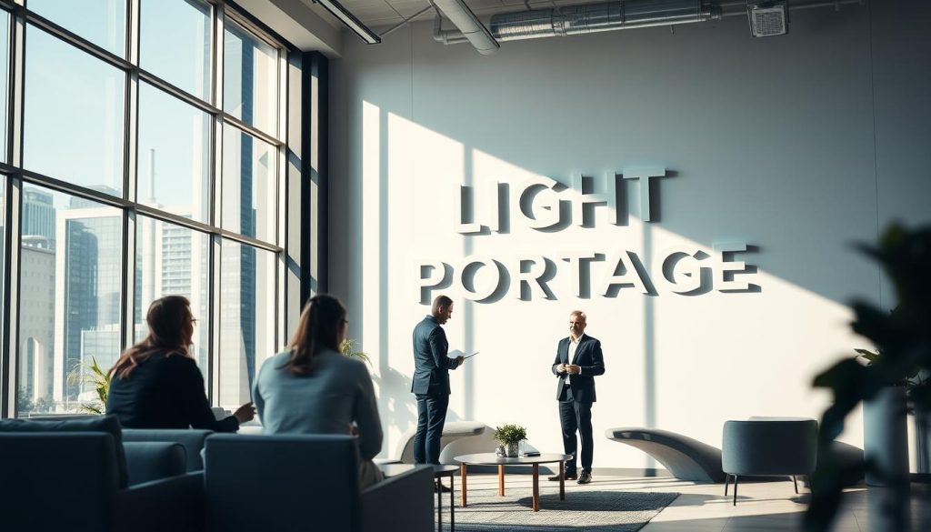 A modern, well-appointed office interior with a large LIGHT PORTAGE logo prominently displayed on the wall. The space is filled with natural light streaming through floor-to-ceiling windows, casting a warm glow on the sleek, minimalist furniture and decor. In the foreground, a team of professionals is engaged in a collaborative meeting, discussing the intricacies of the portage salarial process. The mood is one of professionalism, efficiency, and innovation, reflecting the cutting-edge nature of the LIGHT PORTAGE brand and its approach to the consulting industry.