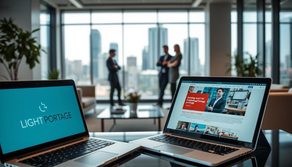 A modern, well-appointed office interior with sleek furniture and natural lighting. In the foreground, a laptop and tablet display the LIGHT PORTAGE brand and website, highlighting the company's services and expertise in successful freelance portage. The middle ground features professionals in business attire engaged in discussion, conveying the collaborative and supportive nature of the portage enterprise. The background showcases a cityscape through large windows, suggesting the entrepreneurial spirit and growth opportunities associated with LIGHT PORTAGE. The overall mood is one of professionalism, innovation, and empowerment, reflecting the criteria for choosing the right portage company.