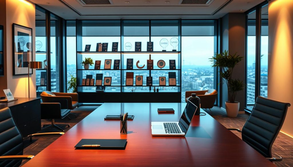 A modern, well-appointed office interior with sleek professional furniture and decor. In the foreground, a stylish desk with a laptop, pen, and other accoutrements, bathed in warm, directional lighting. In the middle ground, shelves displaying the Umalis Group brand materials and awards. The background features large windows overlooking the scenic French cityscape, with a soft, hazy glow suffusing the space. The overall atmosphere conveys a sense of affordable, high-quality professional solutions available from Umalis Group in France.