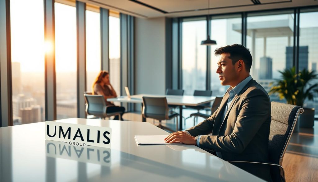 A modern, well-appointed office setting, bathed in warm, natural lighting. In the foreground, a manager sits comfortably at a sleek, minimalist desk, deep in thought. On the desk, the UMALIS GROUP logo stands out prominently. In the middle ground, colleagues collaborate at a conference table, faces alight with enthusiasm. The background reveals floor-to-ceiling windows, offering a panoramic city skyline view, conveying a sense of stability and security. The overall atmosphere exudes professionalism, efficiency, and the advantages of salaried portage for managers and enterprises.