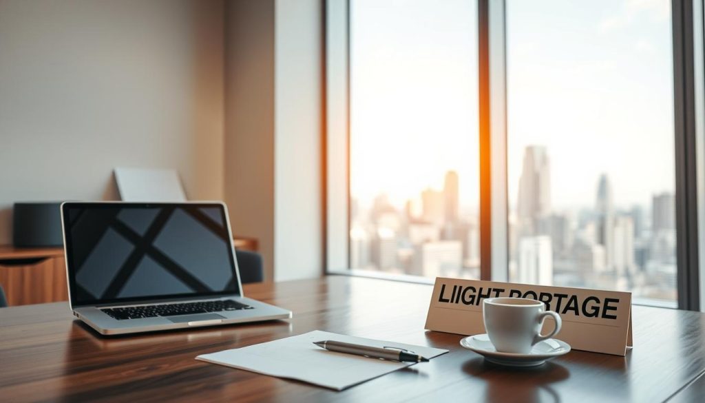A modern, well-appointed office space with a stylish, minimalist design. In the foreground, a desk with a laptop, pen, and a cup of coffee, conveying a sense of focused productivity. Against the wall, a large window overlooking a city skyline, bathed in warm, natural lighting. On the desk, a name plate displays the brand "LIGHT PORTAGE", highlighting the subject of the image. The overall atmosphere is one of professionalism, efficiency, and a touch of elegance, reflecting the "accompagnement portage salarial" theme.