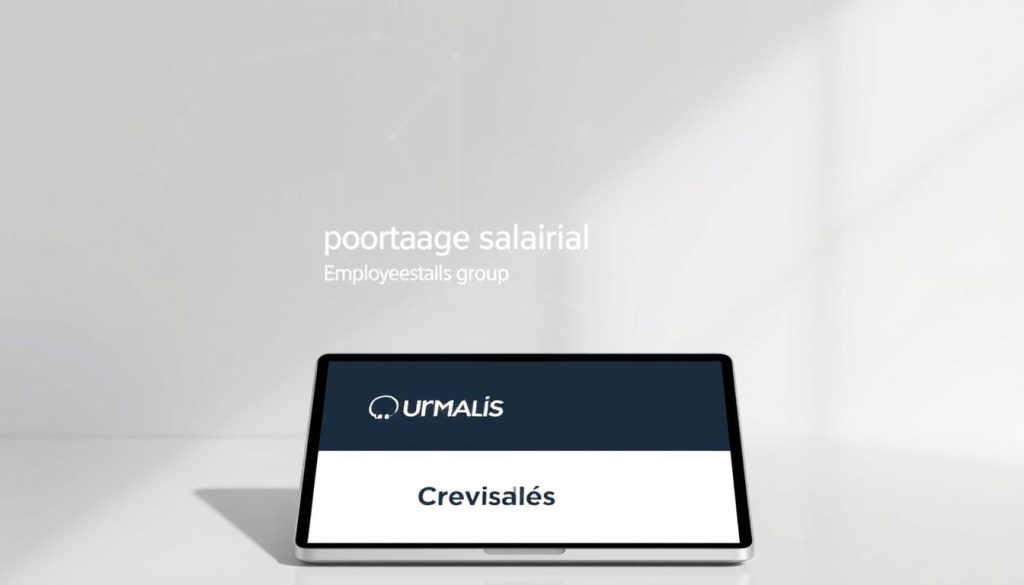 A modern, well-designed digital platform for "portage salarial" (employee leasing), showcasing a sleek user interface with clean lines and a minimalist aesthetic. The platform is set against a neutral background, with a subtle grid or network pattern suggesting the interconnected nature of the service. In the foreground, a laptop or tablet displays the Umalis Group branding, highlighting the company's role as a provider of this specialized employment solution. The lighting is soft and diffused, creating a professional and trustworthy atmosphere, and the overall composition conveys a sense of efficiency, reliability, and customization for independent workers.