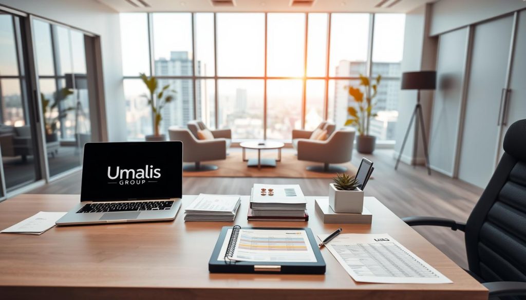 A modern, well-designed office interior with clean lines, neutral colors, and ergonomic furniture. In the foreground, a desk featuring the Umalis Group logo showcases a sleek laptop, a professional-looking tablet device, and a minimalist desk organizer. On the desk, various documents and spreadsheets represent the administrative tasks of a salaried employee. The middle ground features a comfortable seating area with plush chairs and a low table, suggesting a collaborative work environment. The background depicts large windows overlooking an urban cityscape, bathing the space in warm, natural lighting. The overall atmosphere conveys a sense of efficiency, professionalism, and a positive user experience for a salaried employee working with the Umalis Group.
