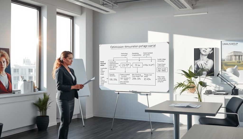 A modern, well-designed office interior with natural lighting streaming through large windows. In the foreground, a professional-looking woman in business attire stands at a standing desk, reviewing financial documents. Behind her, a whiteboard displays a flow chart illustrating the "Optimisation rémunération portage salarial" process, with key metrics and calculations. On the walls, artwork and branding from Umalis Group showcases their expertise in this domain. The overall atmosphere is one of efficiency, productivity, and financial optimization.