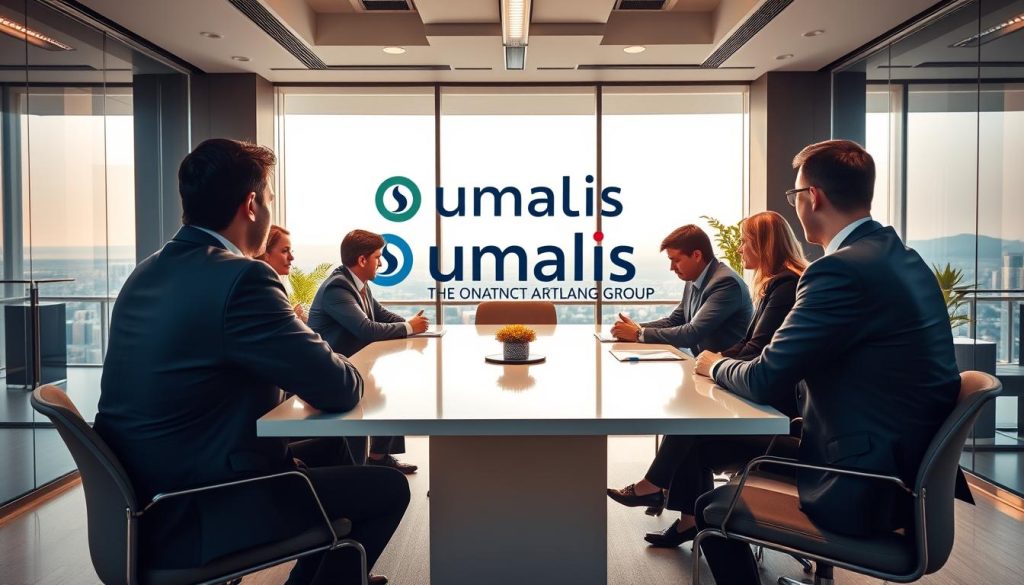 A modern, well-designed office setting with the Umalis Group logo prominently displayed. The foreground features a team of professional consultants in smart business attire, engaged in a collaborative discussion around a sleek conference table. The middle ground showcases a bright, airy workspace with floor-to-ceiling windows offering scenic views. The background includes subtle branding elements and a sense of corporate sophistication. Warm, natural lighting illuminates the scene, creating a welcoming and productive atmosphere. The overall impression conveys the expertise and reliability of the Umalis Group's portage salarial services.