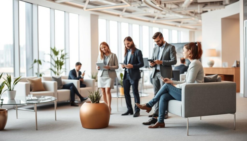 A modern, well-designed office space showcasing the services of UMALIS GROUP, a leading provider of portage salarial solutions. In the foreground, a team of professionals collaborating on digital devices, illustrating the advantages of their consulting work. The middle ground features sleek, minimalist furniture and decor, creating a sophisticated, productive atmosphere. The background showcases floor-to-ceiling windows, allowing natural light to flood the space and reflecting the transparency and accessibility of UMALIS GROUP's portage salarial offerings. The overall scene conveys the professionalism, efficiency, and empowerment that UMALIS GROUP's consultants experience through their portage salarial partnership.