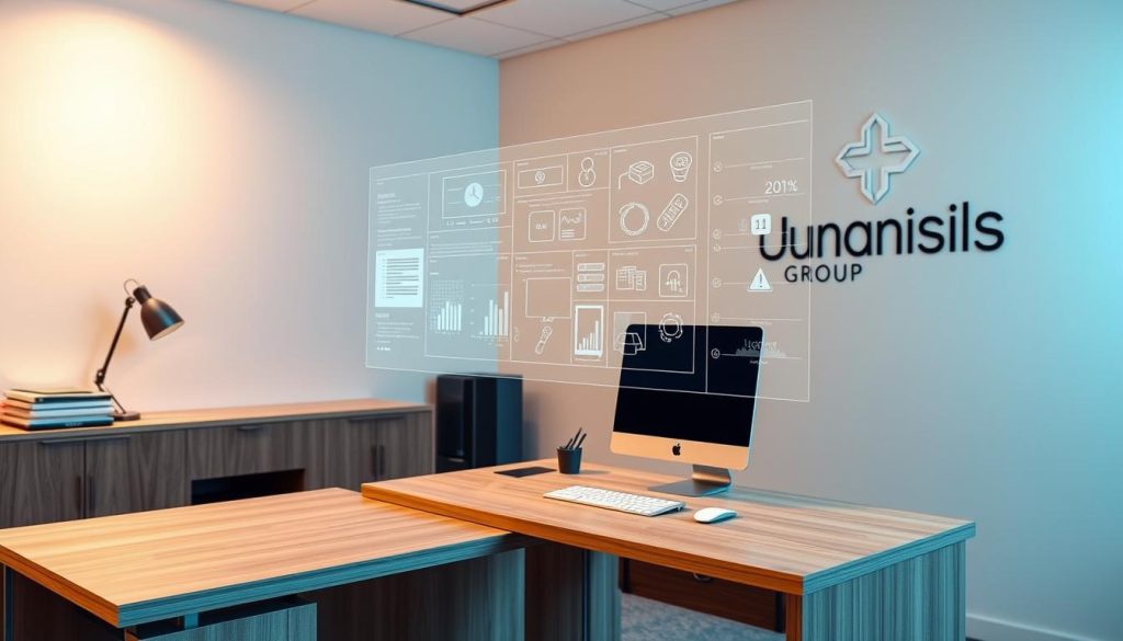A modern, well-designed office space with a physical desk and computer setup, as well as a virtual workspace represented by a holographic display hovering above the desk. The physical desk is made of light wood, with a sleek, minimalist design. The virtual workspace displays various digital tools and applications, seamlessly integrated with the physical setup. The room is bathed in warm, soft lighting, creating a calm and productive atmosphere. In the background, the Umalis Group logo is subtly visible, reflecting the professional and corporate nature of the space.