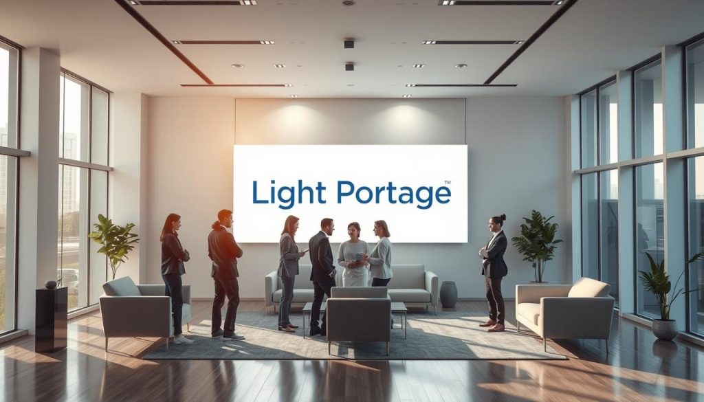 A modern, well-designed office space with sleek, minimalist furniture and natural light streaming in through large windows. In the center, a prominent display showcases the "Light Portage" brand, highlighting its professional services and expertise in the field of employment portage. The atmosphere is calm and inviting, conveying a sense of trust and reliability. In the foreground, a group of diverse professionals engaged in discussion, exemplifying the collaborative nature of the portage services. The overall scene reflects the importance of carefully selecting the right portage company to support one's career goals.