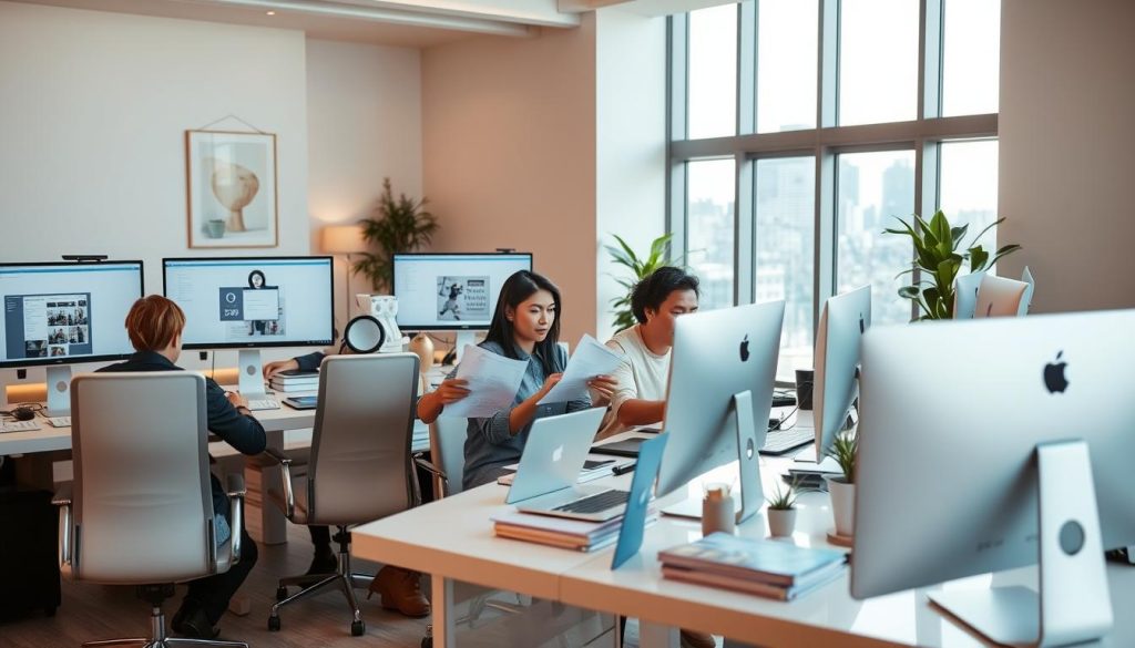 A modern, well-designed workspace with multiple computer screens, laptops, and various office supplies. The scene is bathed in warm, natural lighting, creating a comfortable and professional atmosphere. In the foreground, a group of diverse professionals are collaborating and discussing documents, exemplifying the online portage salarial concept. The middle ground features sleek, minimalist furniture and decor, while the background showcases a large window overlooking a cityscape, hinting at the remote and flexible nature of these online portage salarial companies.