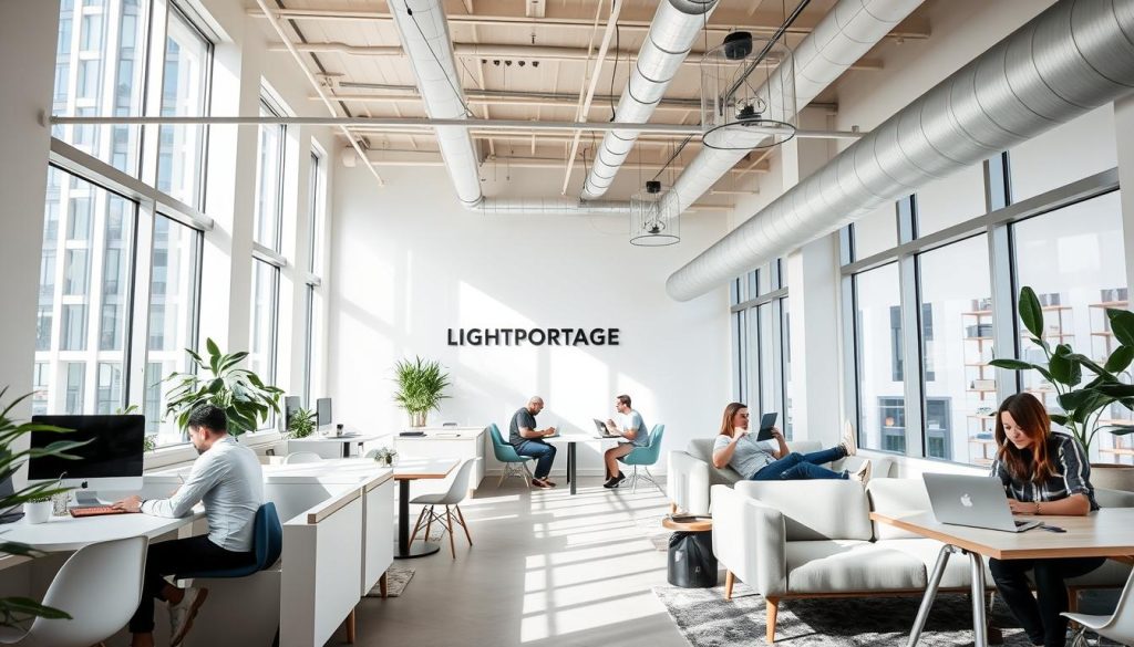 A modern, well-lit coworking space with a LIGHT PORTAGE branding. Bright, airy atmosphere with ample natural light streaming in through large windows. Minimalist furniture arrangement with a mix of individual desks, shared tables, and lounge areas. Clean, minimalist aesthetic with neutral tones and pops of greenery. Professionals working intently, collaborating or focused on their laptops. An inviting, productive environment conducive to freelance work and remote collaboration.
