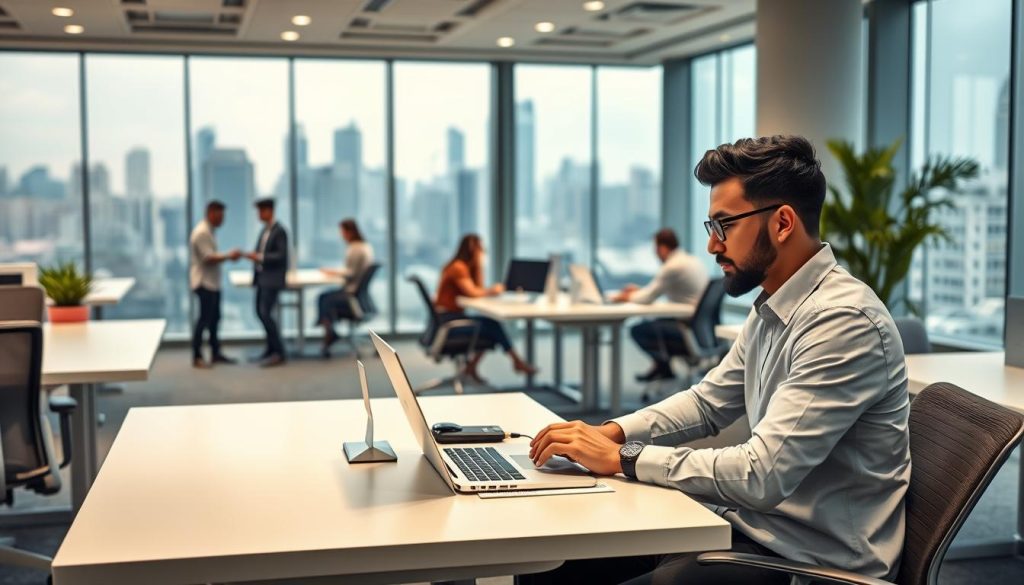A modern, well-lit coworking space with sleek desks and ergonomic chairs. In the foreground, a freelance consultant works intently on a laptop, representing the "entrepreneurial freedom" of the Umalis Group's portage salarial model. The middle ground features other independent professionals collaborating and networking, while the background showcases floor-to-ceiling windows offering a panoramic view of a bustling city skyline. The overall atmosphere conveys a sense of productivity, flexibility, and the empowered entrepreneurial spirit of the Umalis Group's portage salarial services.