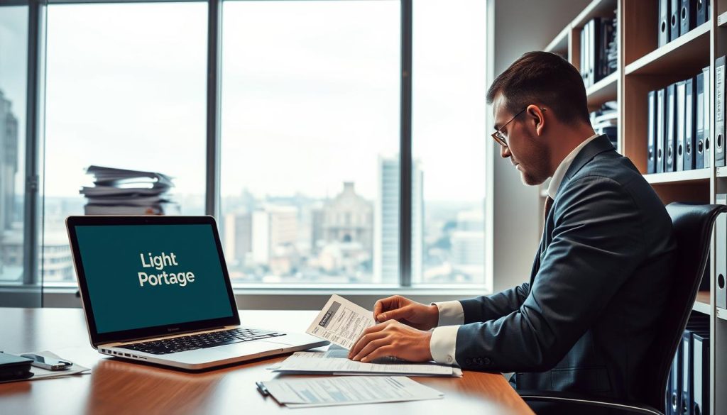 A modern, well-lit interior office setting with a clean, professional atmosphere. In the foreground, a person seated at a desk, intently studying documents and forms related to unemployment benefits from the Pôle Emploi agency. On the desk, a laptop displaying the "Light Portage" brand logo. Surrounding the desk, shelves filled with folders and binders, conveying a sense of bureaucratic organization. In the background, a large window overlooking a cityscape, with soft, natural lighting filtering in. The overall mood is one of focused productivity and administrative efficiency.